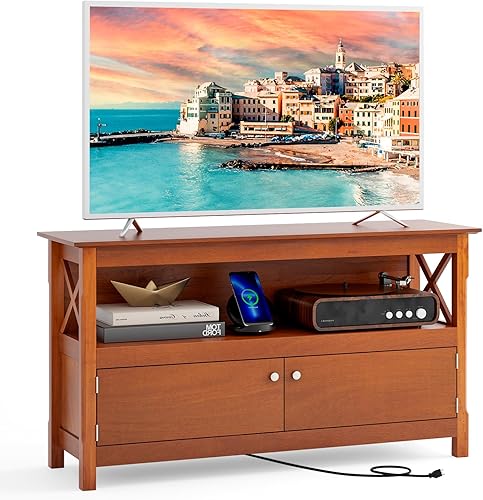 Tangkula Soporte de TV de madera para televisores de hasta 50 pulgadas, gabinete de almacenamiento en forma de X, centro de entretenimiento con 2