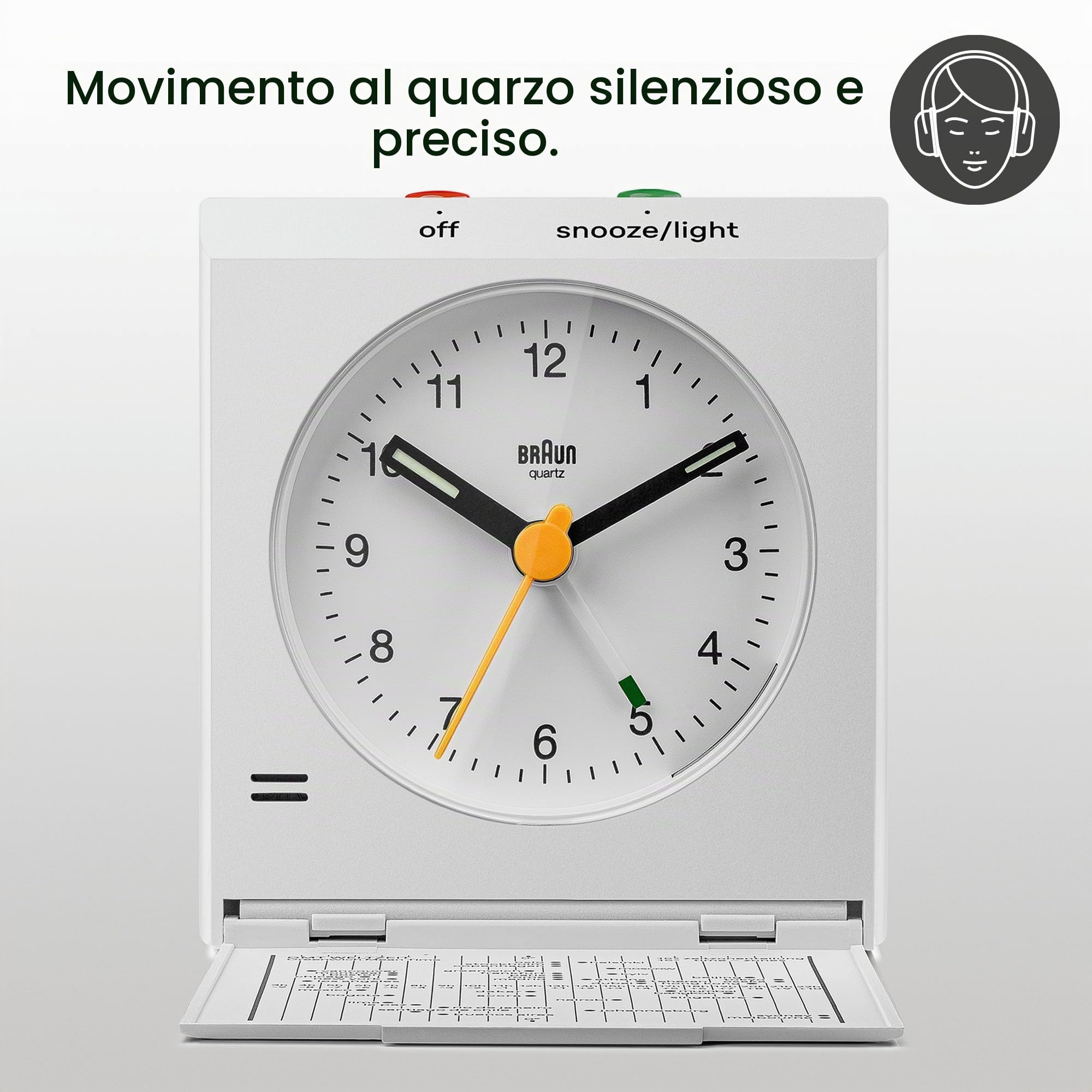 Braun classica sveglia analogica da viaggio con funzione snooze, design vintage, dimensioni compatte, coperchio pieghevole, movimento al quarzo silenzioso, sveglia crescendo in bianco, modello BC05W.