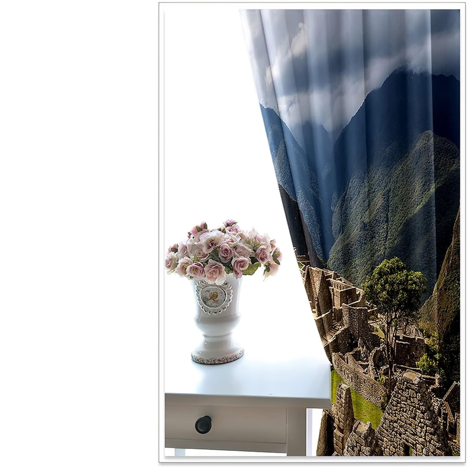 Curtains Rustique, Rideau Salle de Bain Fenetre Jaune Vert Marron Paysage de Montagne Polyester 2 Panneaux 428x183cm