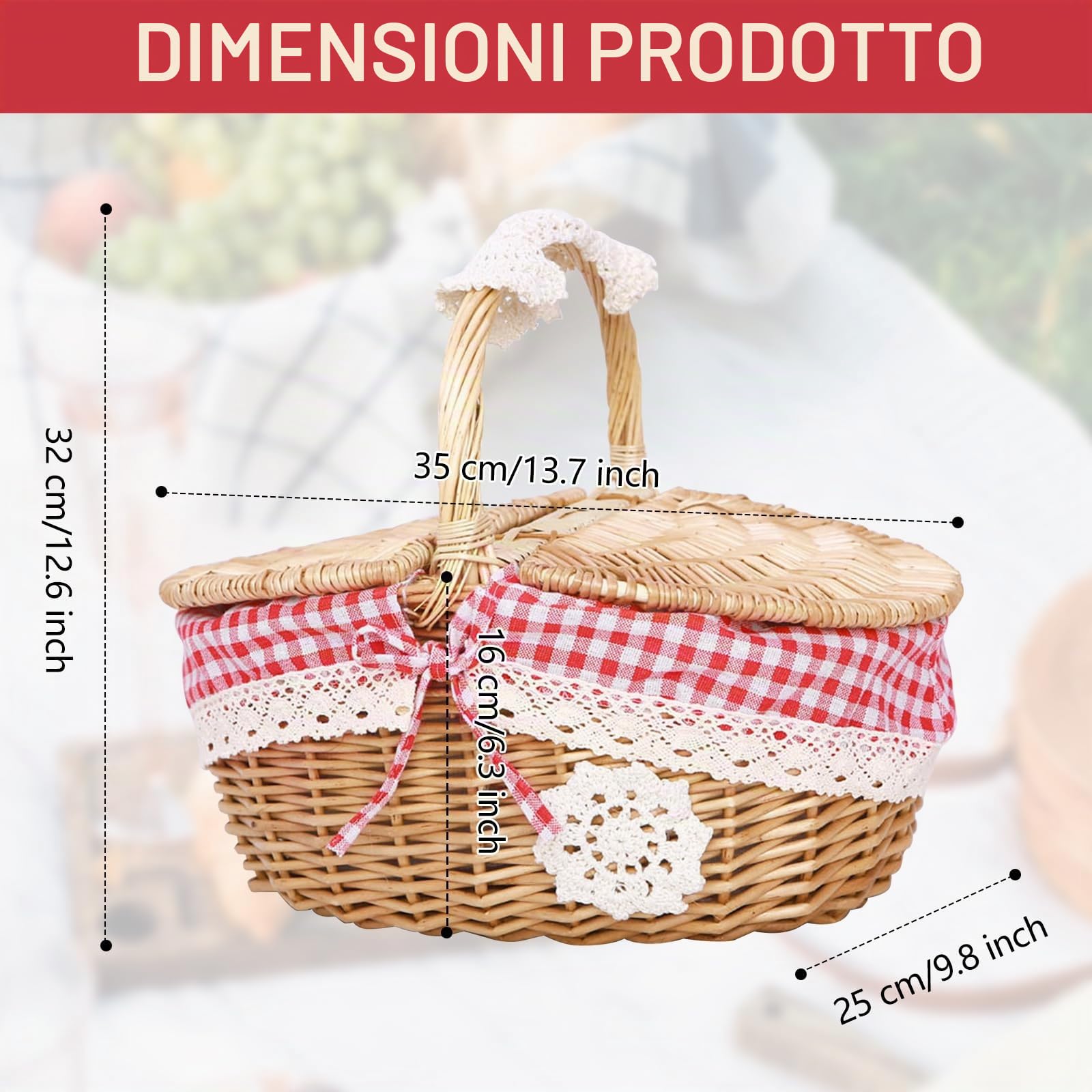 Cestino da Picnic in Vimini con Coperchio e Manico, Cestino in Vimini Intrecciato Pratico Cestino Ovale in Rattan per Picnic e Shopping