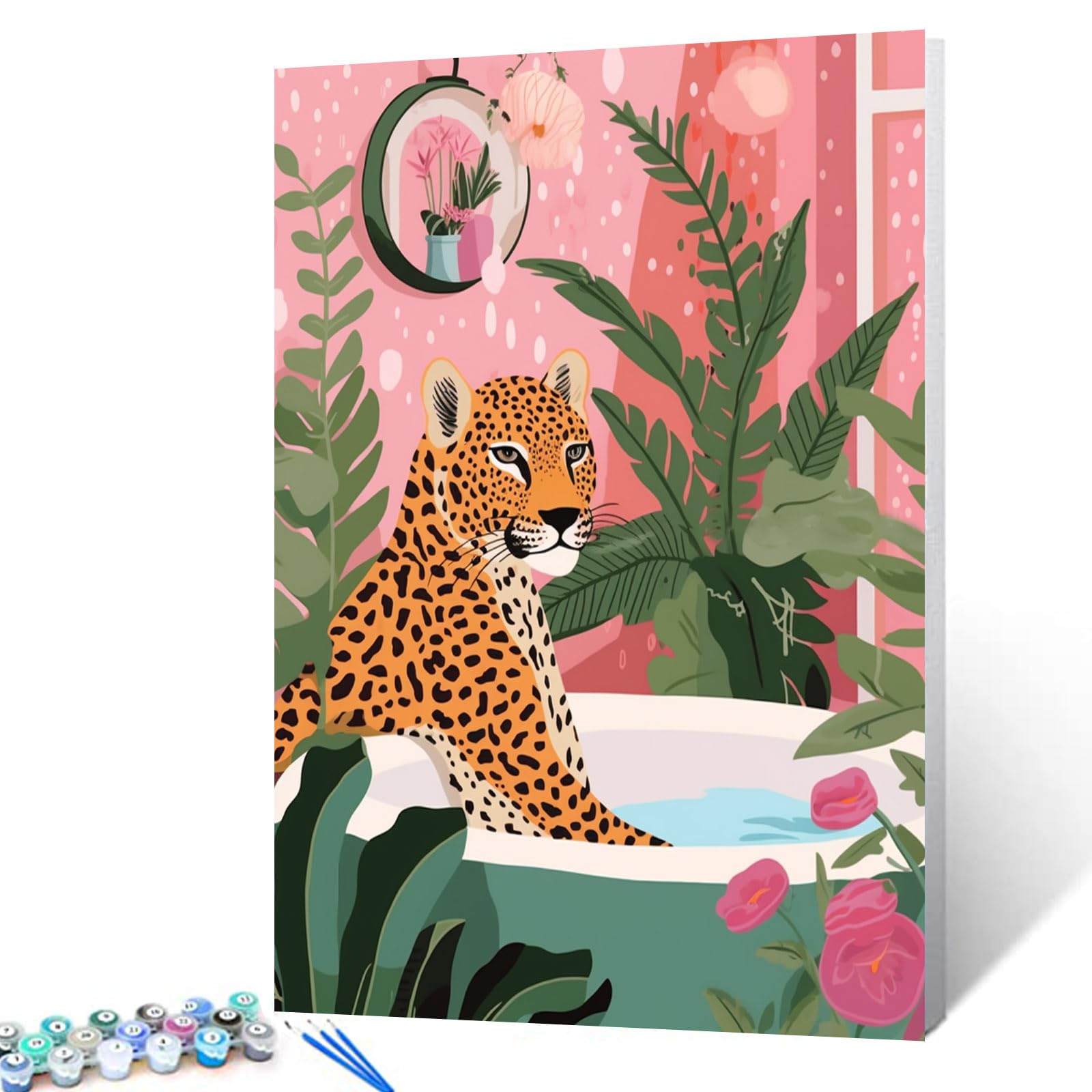 Tucocoo Leopard DIY Paint by Numbers for Adults Bathroom Animal DIY Digital Oil Painting Acrylic Paint Bathtub Jungle Painting Kits Canvas with Acrylic Paint Funny Room Decor 16x20 Inch （DIY Frame ）