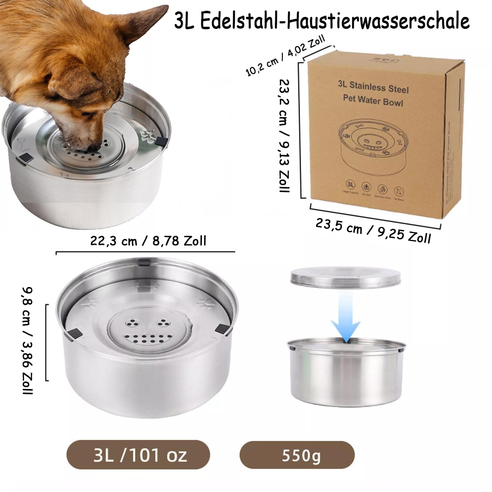Abreuvoir Anti-Lèchage pour Chiens 3L en Acier Inoxydable sans Bavures | Abreuvoir Lent pour Chiens Moyens et Baveux | Abreuvoirs de Voyage pour Chiens