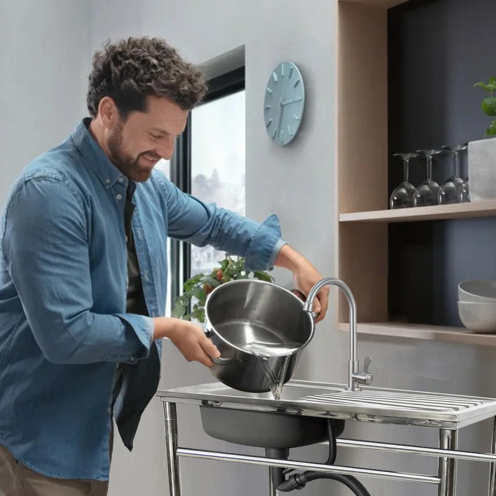 Évier de Cuisine en Acier Inoxydable - Poste de Travail extérieur autoportant avec établi et Robinet, lavabo Utilitaire pour buanderie, Garage, Jardin ou intérieur, Gain de Place