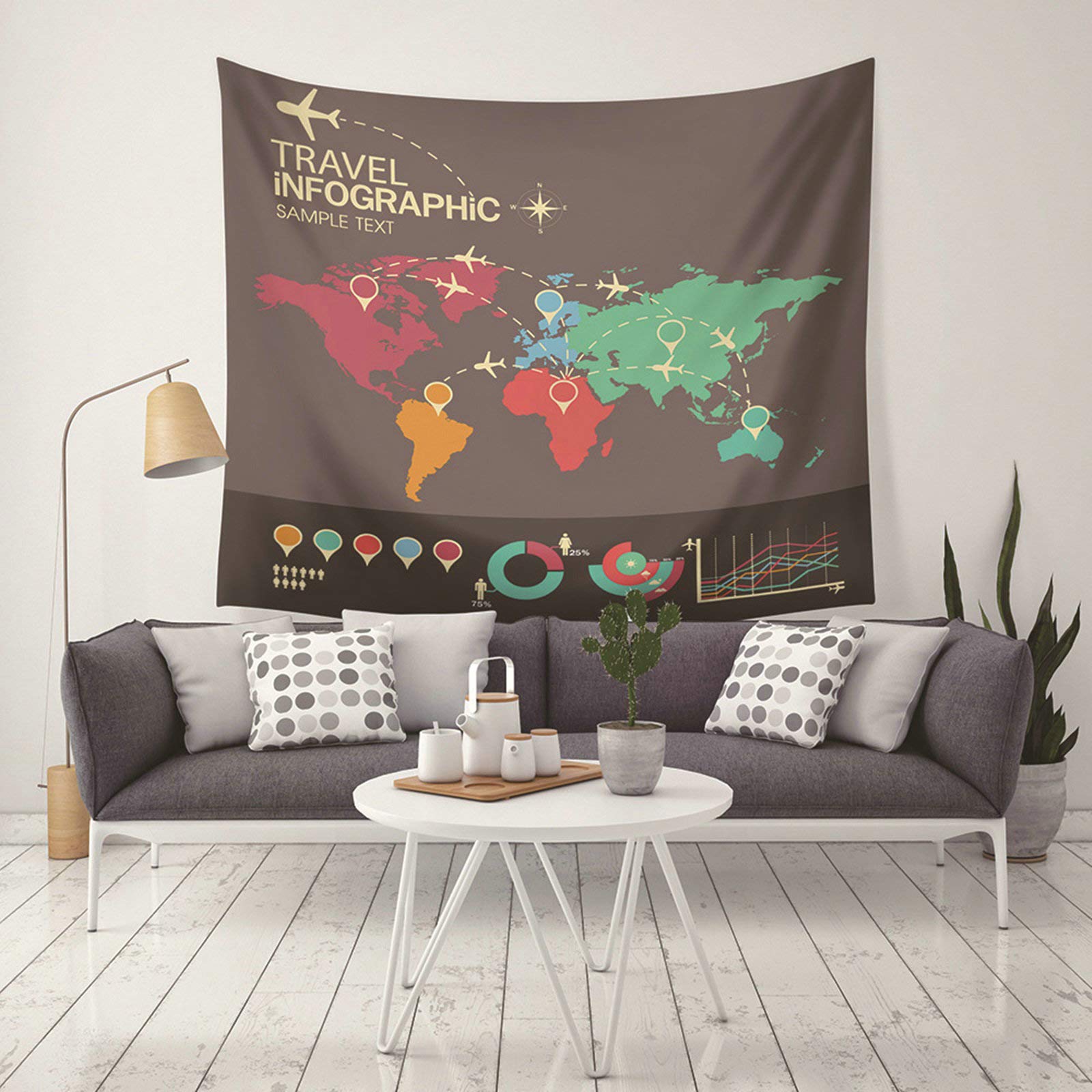 Tapices para dormitorio KnSam estilo C, decoración con mapa del mundo de viajes 200x150 cm