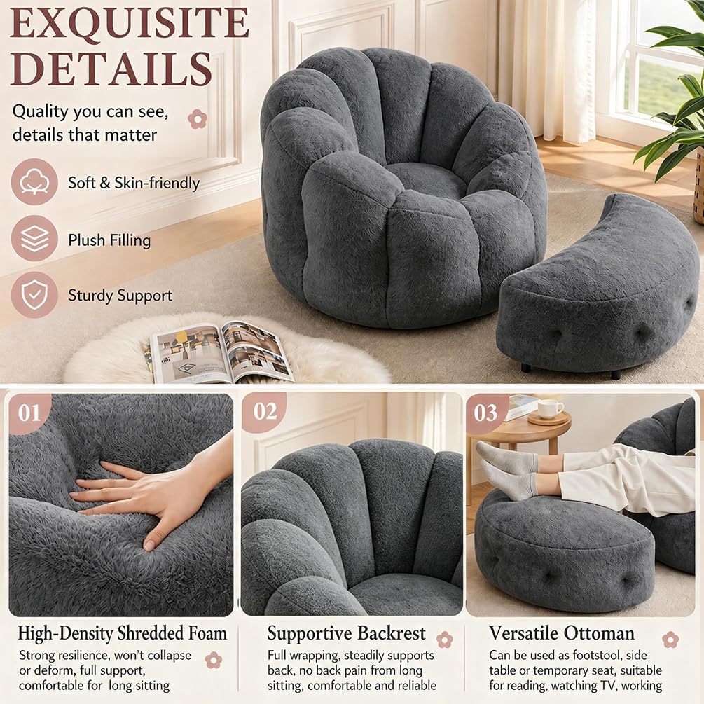 Flower Bean Bag Chair with Ottoman, Comfy Fuax Fur Beanbag for Adults & Teens, Fluffy Plush Floor Lazy Sofa for Bedroom, Living Room, Reading Nook, Grey