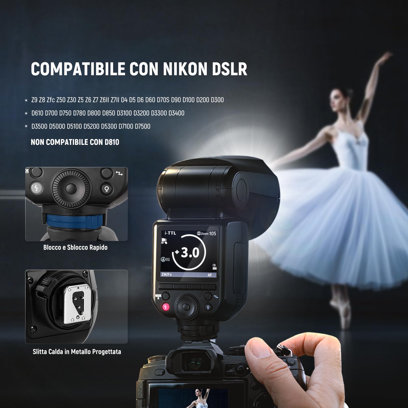 NEEWER Z2PRO-N Flash Speedlite Rotondo TTL 2.4G Compatibile con Nikon, Wireless Compatibile con Godox, 76Ws HSS 1/8000s, UI Aggiornata, Tasto TCM per TTL/M, 3000mAh 600 Luce a Piena Potenza, Diffusore