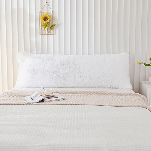 Miniatura 2 de Memfydu Funda de almohada corporal esponjosa de piel sintética, funda de almohada de terciopelo lanudo de felpa blanca, 1 unidad, cierre de