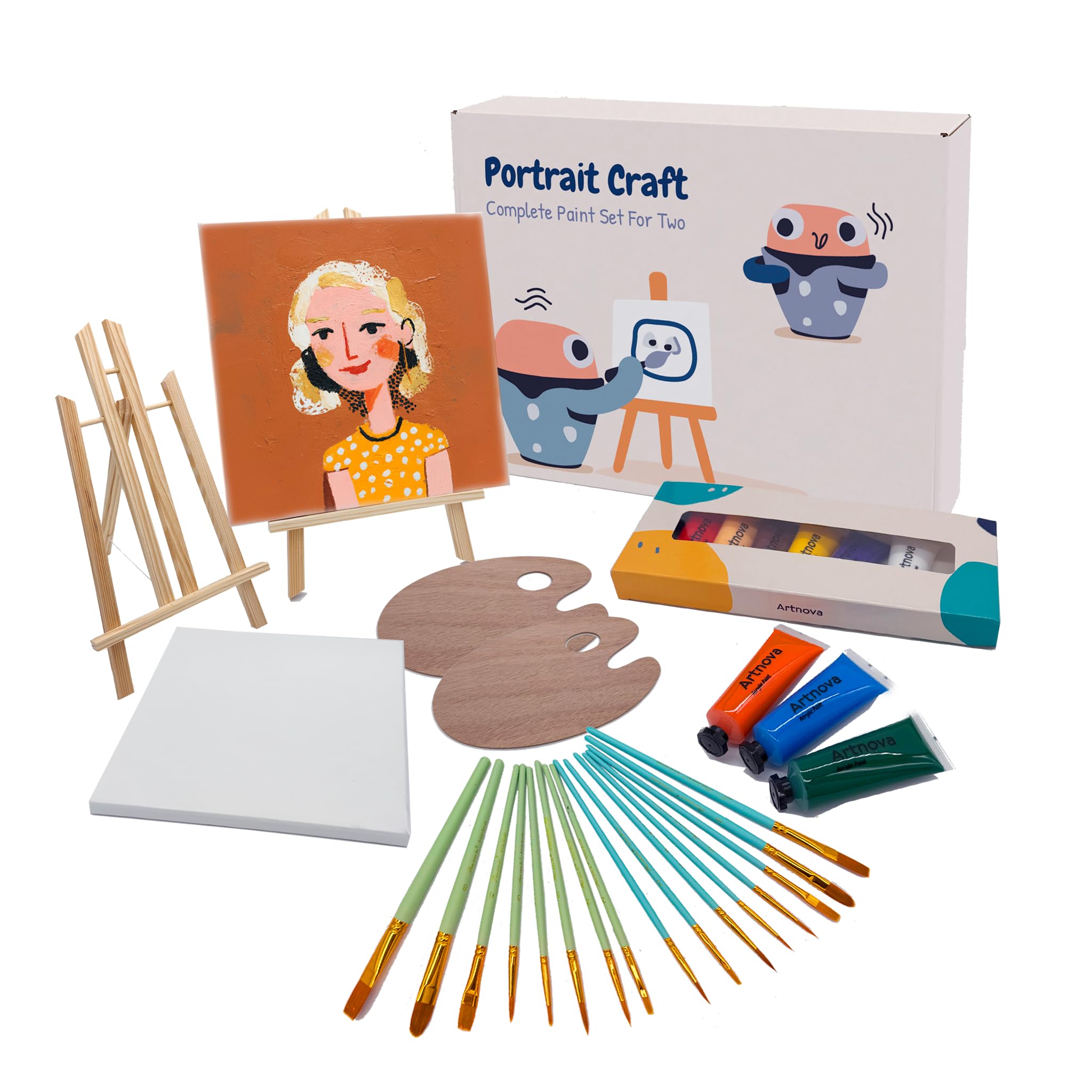 Artnova 2 Person Painting Kit - DIY Set with 2 Canvases, Easels, Brushes, Palettes, Acrylic Paints and Guide, Ideal for Portraits, Creative Gift for Couple, Friends or Beginners