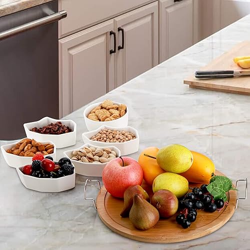 Miniatura 6 de ZENFUN Platos divididos de cerámica de 11.3 pulgadas con bandeja de bambú, bandeja de aperitivo de 6 compartimentos extraíbles, bandeja modular