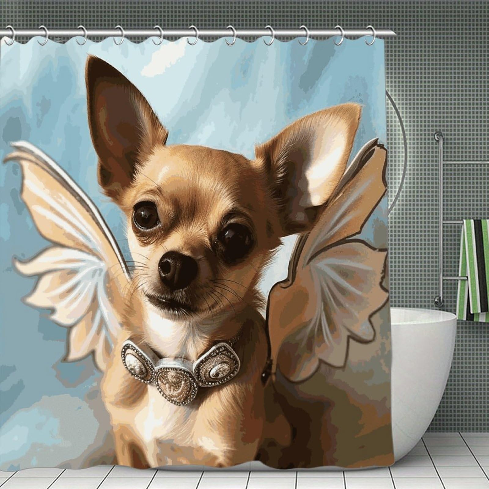 JTREHY Brown Chihuahua Angel Wings Shower Curtain Waterproof Bathroom Shower Curtain Machine Washable Bath Curtains Polyester Cloth Bath Curtains for Bathroom Showers 70.8×70.8Inch