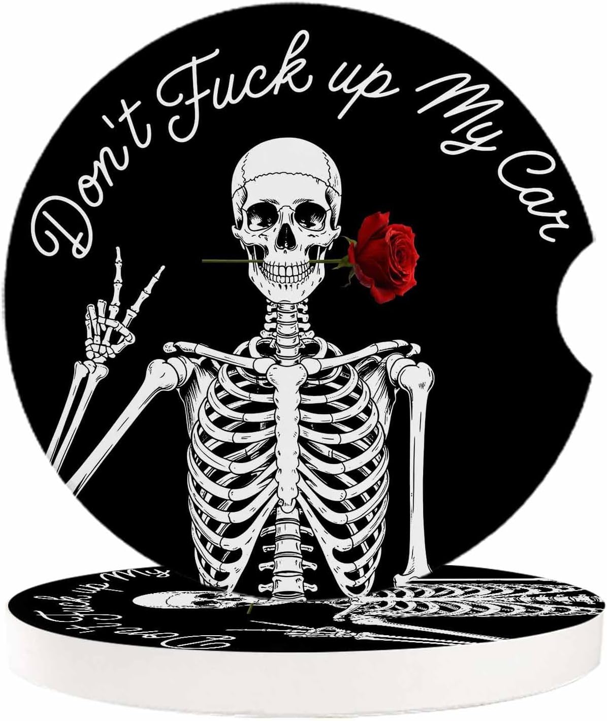 Funny Skull Cup Holders Car Coasters for Women/Men - 2 Pack Absorbent Ceramic Stone Drinks Coaster Set, Red Rose…