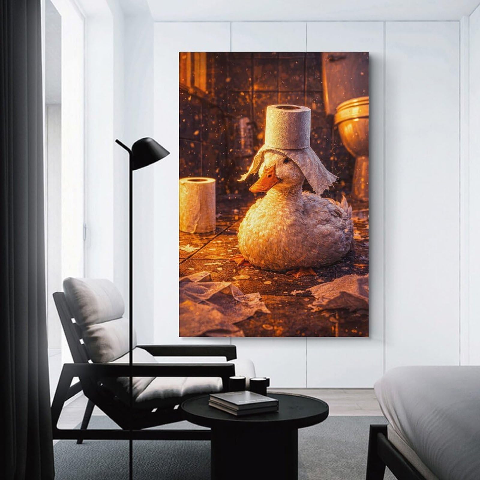 Junmoney Decorative Canvas Print Duck Wearing Toilet Paper Hat in Bathroom, 20x30inch(50x75cm), for Living Room, Bedroom Or Home Office, Home Decor Gift with Stylish Appeal