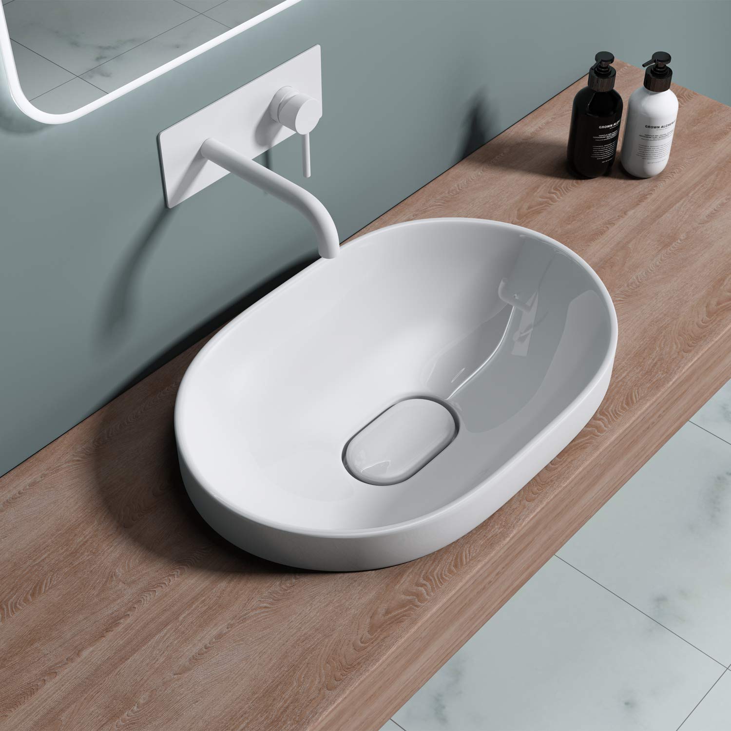 Db Durovin Bathrooms Glossy White Durovin Bathrooms Semi Recessed Ceramic Basin - Self Rimming Inset Sink - Oval Without Overflow Slot - Concealed Waste - 600 X 400Mm (Wxd)