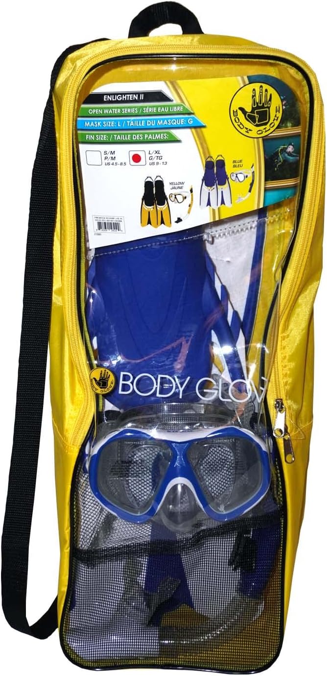 Body Glove Adults Snorkel Set with Travel Bag Tempered Glass Diving Mask Silicone Goggle, Swimming Fins, Free Breathing Anti-Leak Dry Top Flex Tube for Snorkeling Swimming Scuba Diving