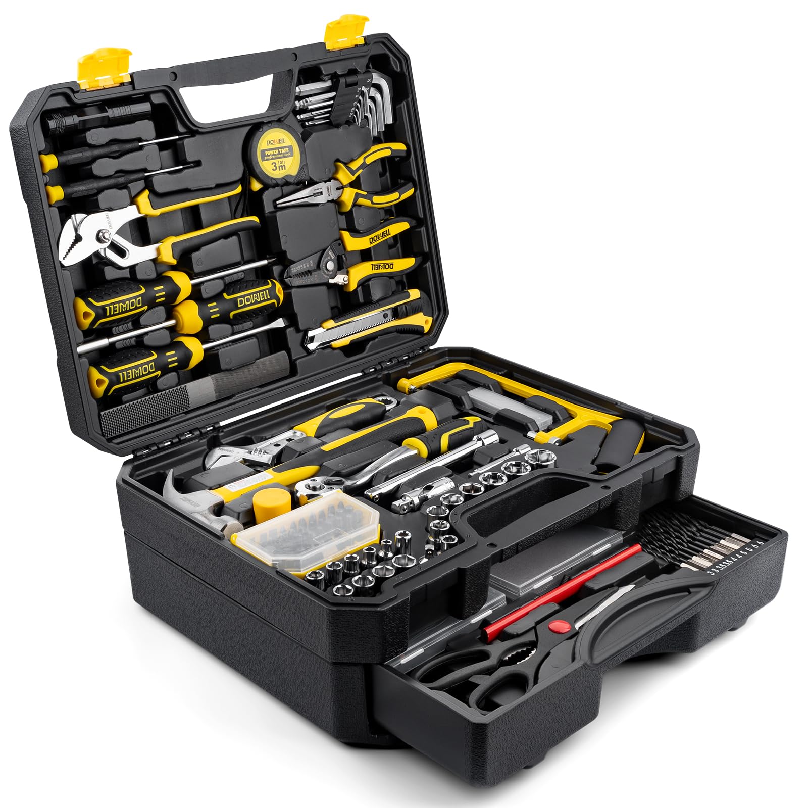 DOWELL Lot de 299 outils à main professionnels avec douilles, pinces, clés hexagonales, tournevis pour la maison, la réparation automobile, l'atelier et le bricolage d'urgence
