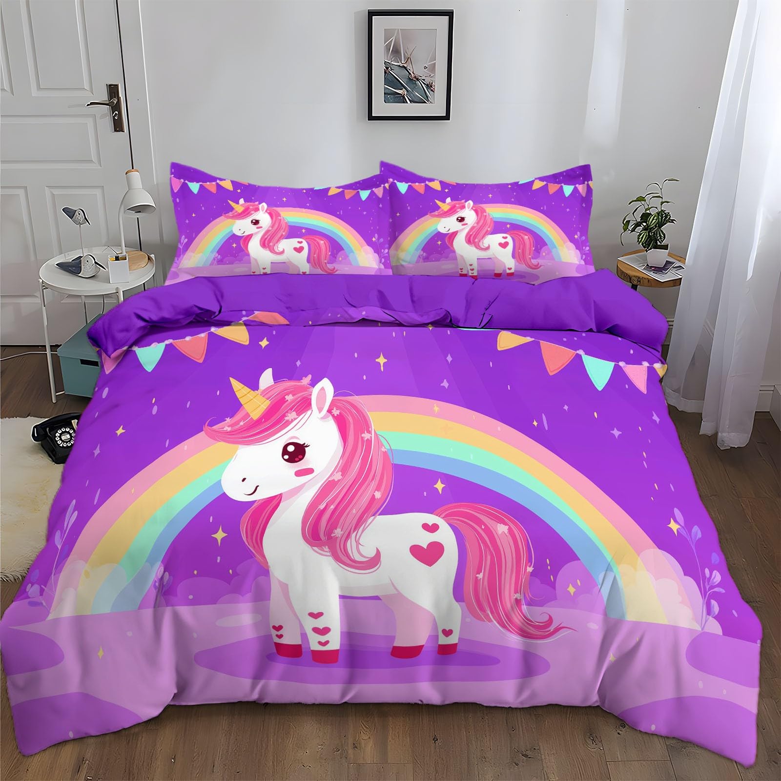 Poszwa na kołdrę 220 x 240 cm z 2 poszewkami na poduszki 65 x 65 cm - Cartoon Rainbow Animal Fioletowy Jednorożec Pościel - z miękkiej, oddychającej i wytrzymałej mikrofibry, z zamkiem błyskawicznym