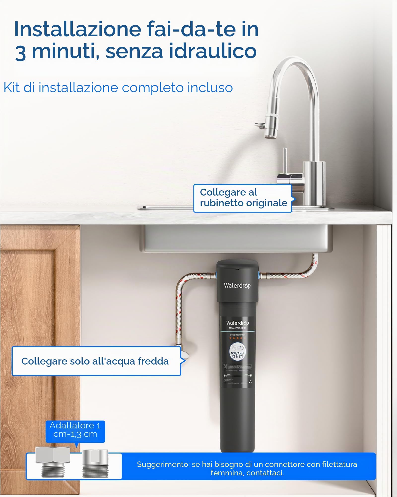 Waterdrop 15UA Filtraggio Acqua Sistema Sotto il Lavello, 60K Litri Filtraggio Acqua Sotto il Contatore, Rimuove il 99% di Piombo, Fluoro, Cloro, Cattivo, USA Tech, 0,5 Micron