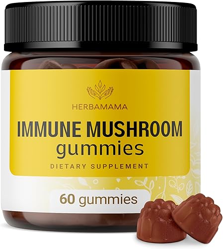 HERBAMAMA Gomitas de complejo de hongos inmunes Gomitas de hongos para reforzar la inmunidad y la energía Suplemento de hongos con Reishi, melena