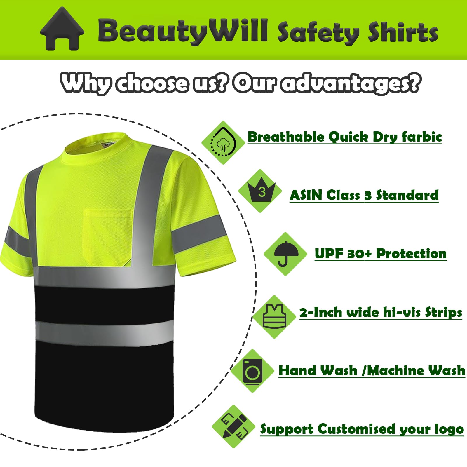 BeautyWill Custom Logo High Visibility Safety Shirts ANSI Class 3 Standard Personalized Reflective Work Shirts for Men(Black-ShortSleeve,X-Large)