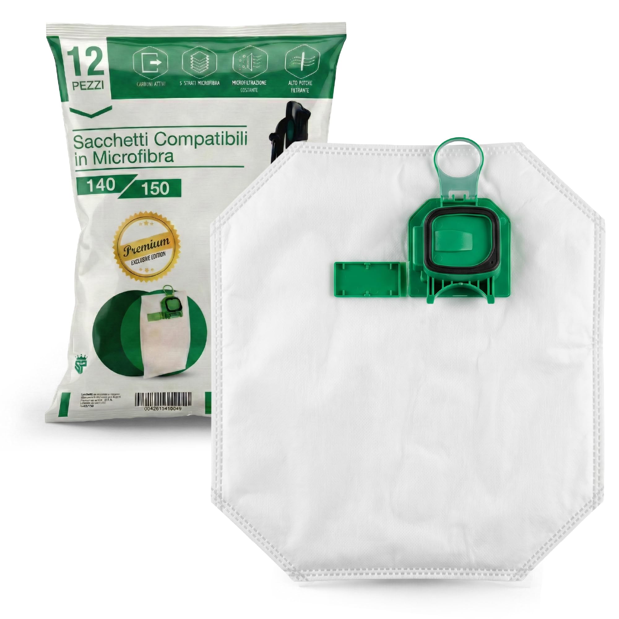 Ricambio 12 Sacchetti Compatibili con Folletto VK140 - VK150, in Microfibra | 5 Strati ad Alta Filtrazione; Catturano Sporco, Allergeni, Pollini e Acari mentre Proteggono il Motore dell’Aspirapolvere