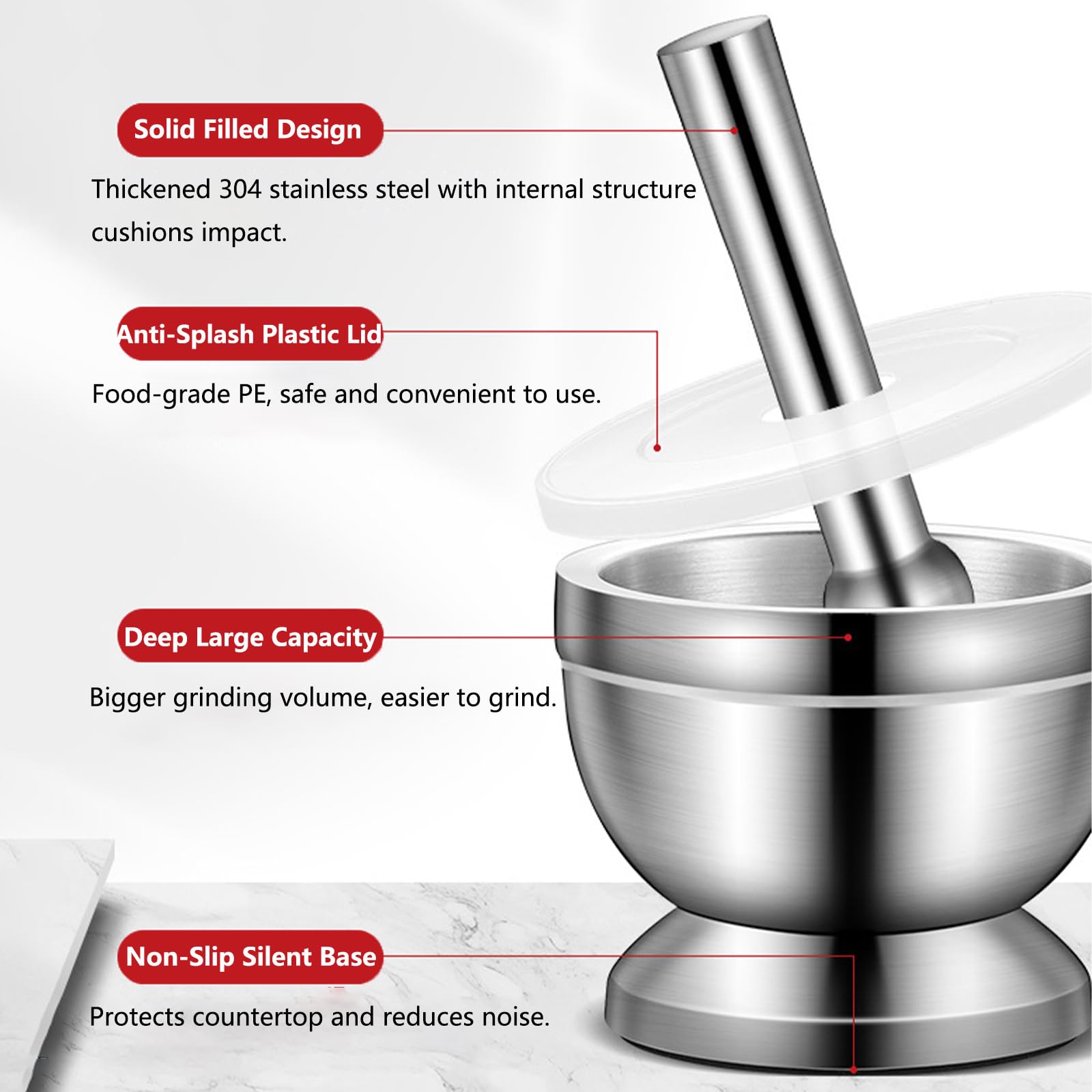 Mortaio con pestello – mortaio e pestello in acciaio inox 304 con coperchio in polietilene, Ø 12 cm per macinare spezie, erbe, aglio, noci, anche come mortaio per compresse, compresse per mortaio