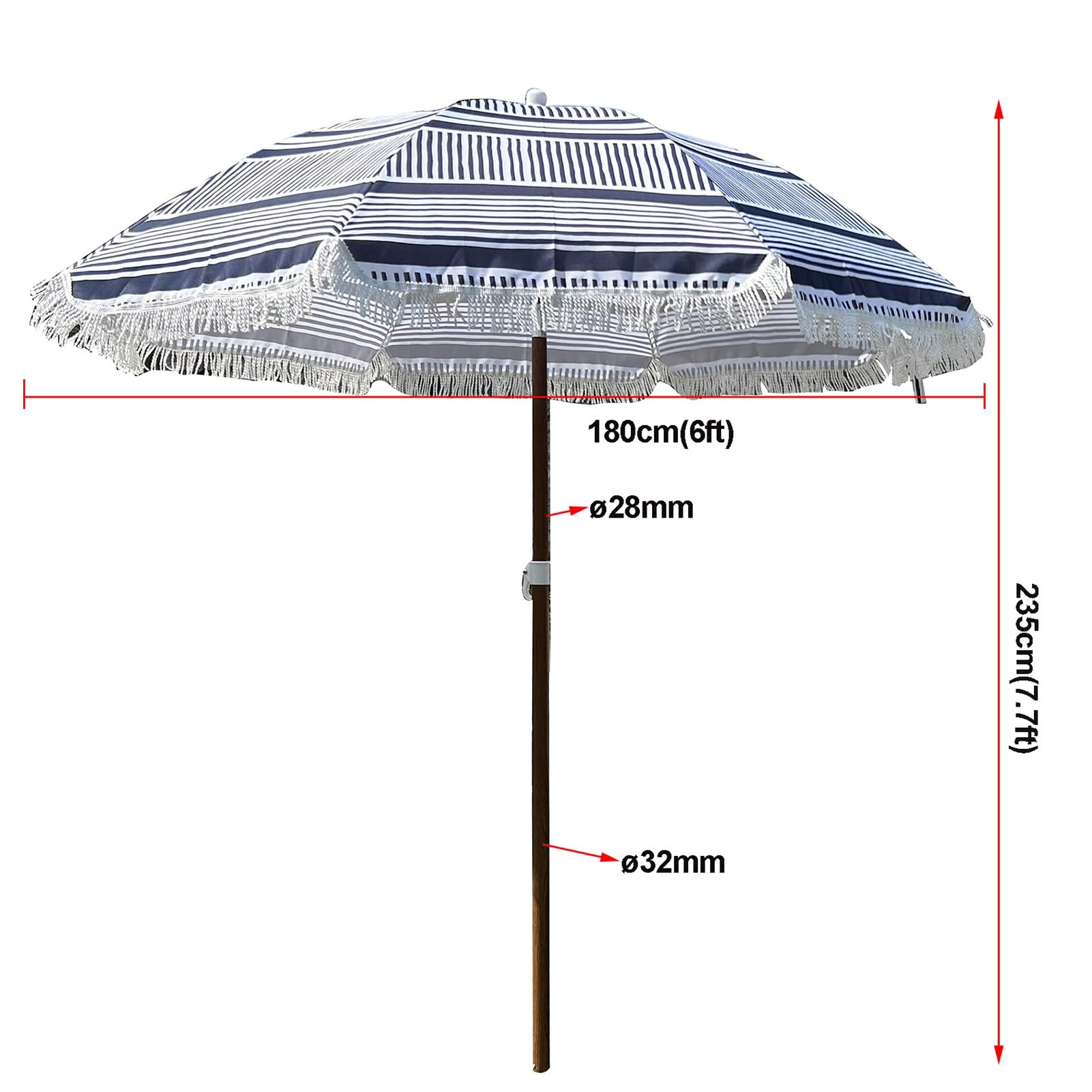 Ombrellone da spiaggia portatile da 180 cm, protezione solare UV50+, antivento, ancoraggio per sabbia, palo robusto, inclinazione a pulsante, frange, per esterni e patio.