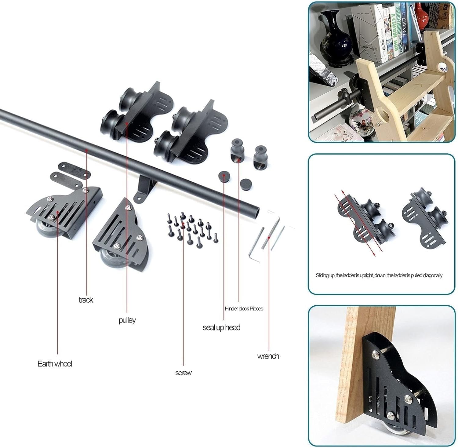 Kit de herramientas retráctiles para escalera rodante, riel deslizante con rodillo de piso para almacenamiento vertical, fácil instalación, no requiere espacio en el suelo
