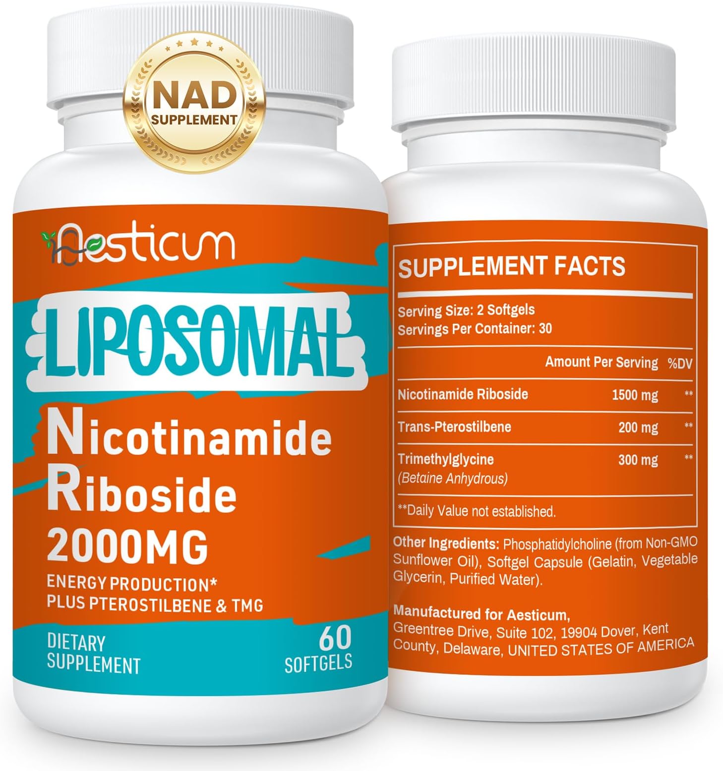 2000 MG Nicotinamide Riboside, NMNH Supplement Alternative, Liposomal Nicotinamide Riboside Supplement with TMG & Pterostilbene - NAD*, Energy, Focus, Immunity, Age Resist - 120 Softgels