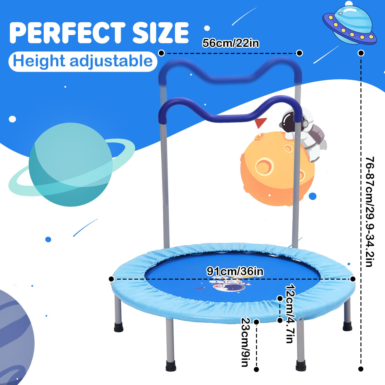 91cm Trampolines para Niños de con Reposabrazos de Espuma,Lona de Salto y Protector de Lluvia Trampolín Infantil a Partir de 3 Años,Cama Elástica Niños Interior/Exterior Máx.120 kg