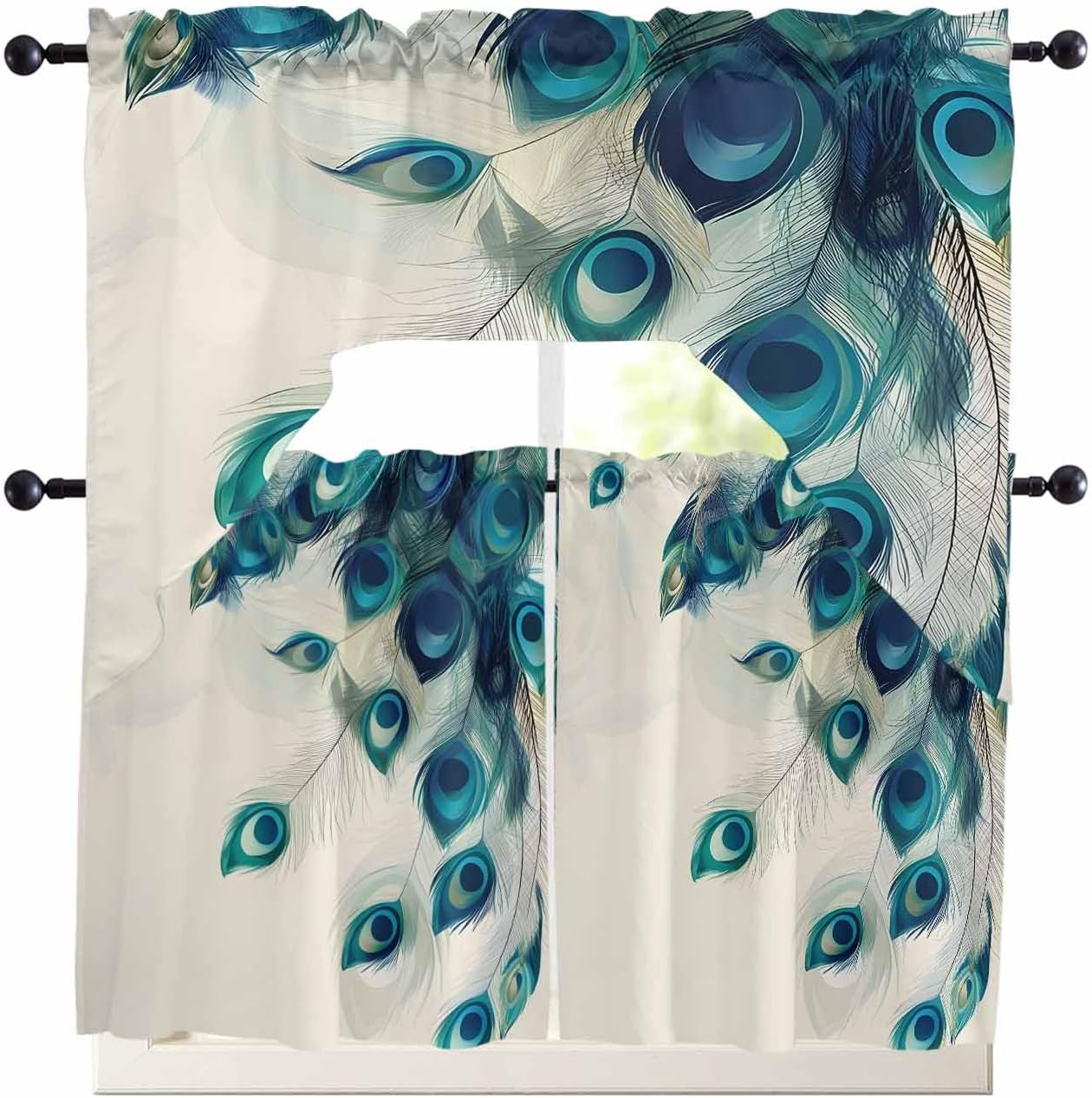 Savannan Kitchen Curtains Tiers and Swag Valances Set, Abstract Peacock Feather Rod Pocket Short Window Curtains for Bedroom Bathroom Cafe, 3 Pieces 24 Inch Long Blue Beige Animal