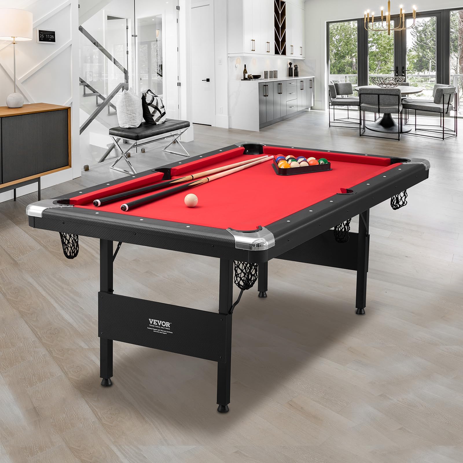 VEVOR Tavolo da Biliardo 1,9 m, Tavolo Portatile e Pieghevole, Set da Biliardo con Palline, Stecche, Gesso, Nero con Panno Rosso, Perfetto per la Sala Giochi della Famiglia, Bambini e Adulti