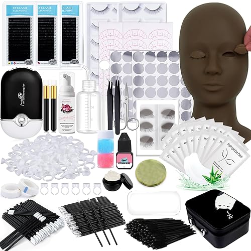 Miniatura 9 de Kit de extensión de pestañas profesional con cabeza de maniquí, párpados extraíbles, ventilador de pestañas USB, pestañas postizas individuales,