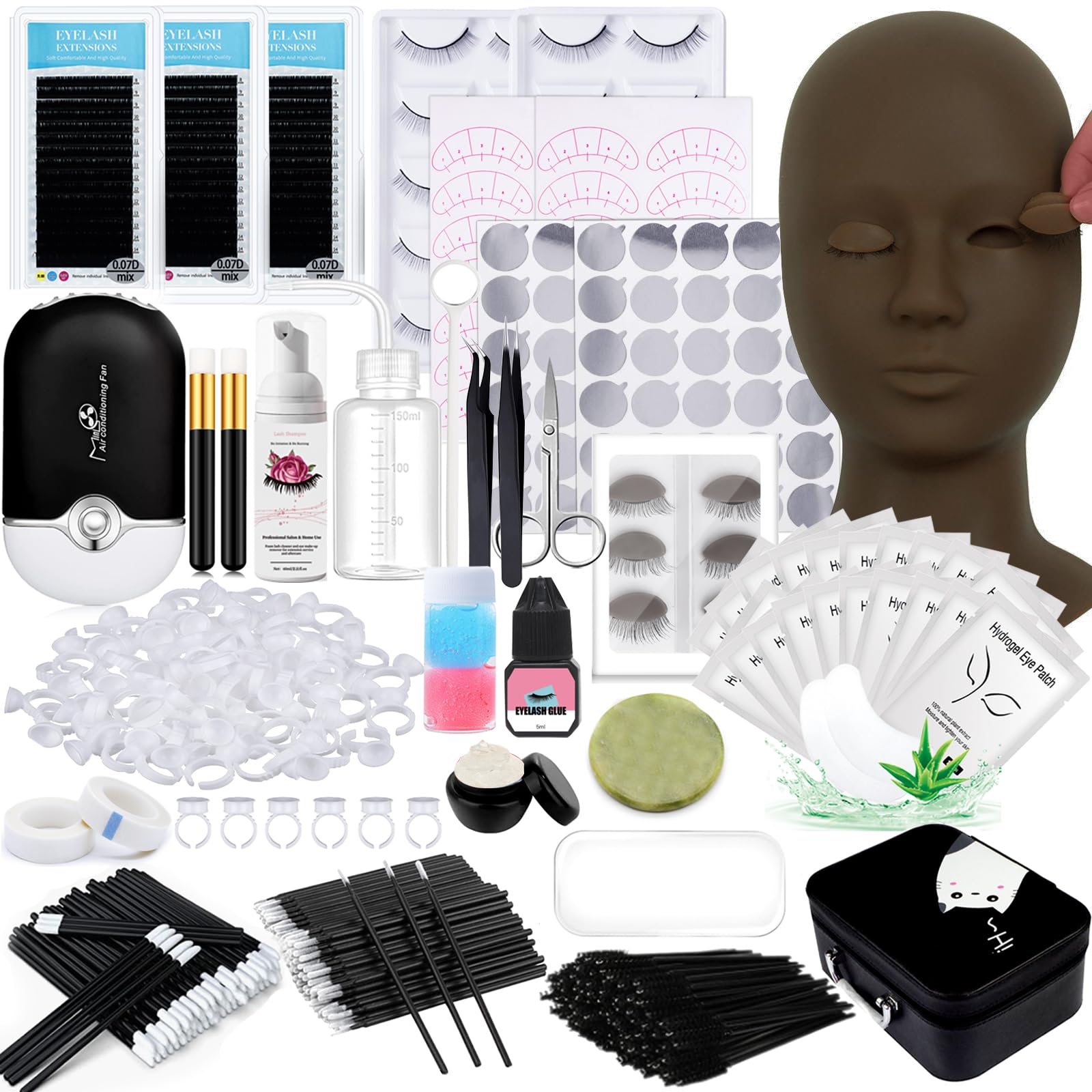 Lash Extension Kit Professional Eyelash Extensions Practice Set with Mannequin Head Removable Eyelids USB Lash Fan Individual False Eyelash Shampoo