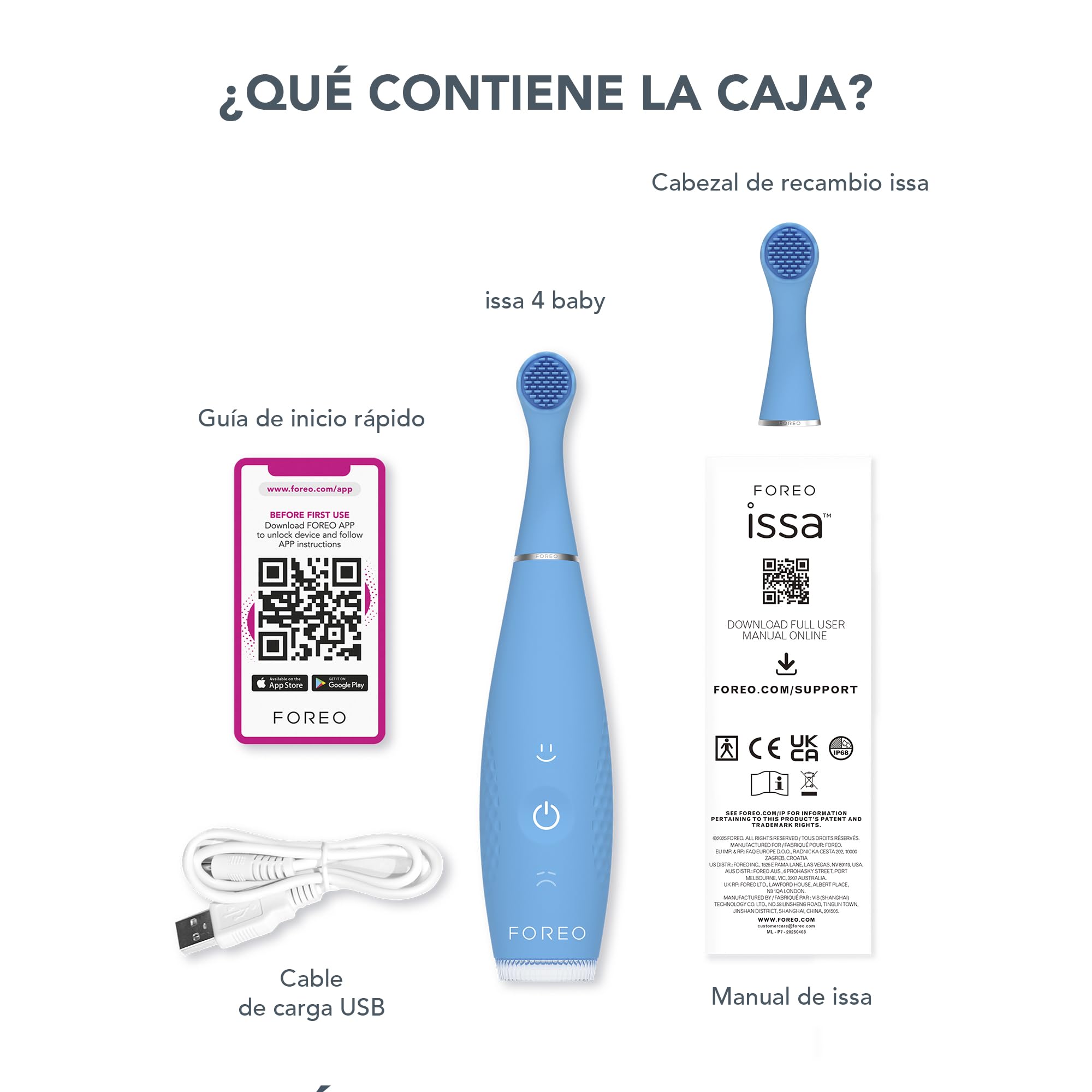 FOREO ISSA 4 Baby – Cepillo de dientes sónico de silicona para bebés y niños pequeños, cerdas ultrasuaves, masaje encías, temporizador LED, recargable USB, cepillo viaje impermeable - Bubble Blue