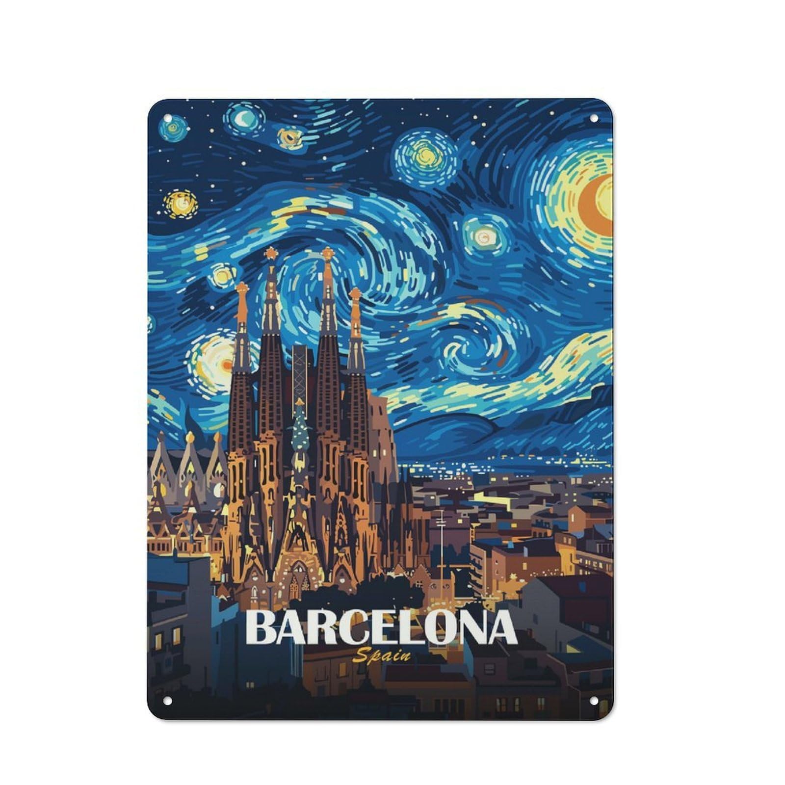 Junmoney Style-3 Tin Wall Sign With Barcelona Spain Sagrada Familia Night Art Design 40X30cm, Cosy Cafe Wall Decor For Kitchen, Cafe, Pantry Or Dining Room