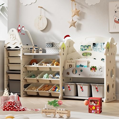Pipleo Organizador de almacenamiento de juguetes para niños con 17 contenedores extraíbles, estantería de 4 niveles para niños, organizador de