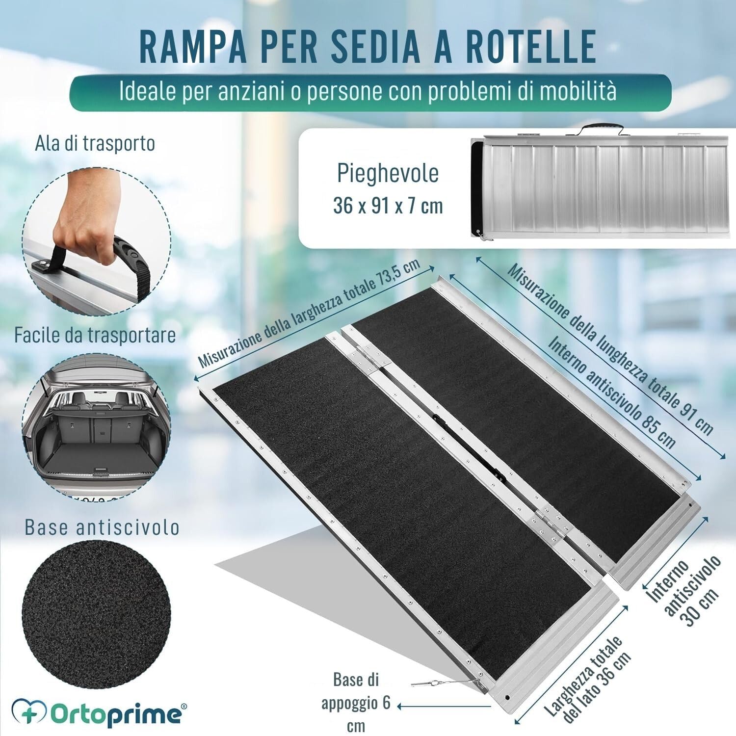 OrtoPrime Rampa Alluminio Pieghevole per Sedia a Rotelle – Rampa per Disabili Scalino – Pedana Disabili Portatile – Rampe per Accesso Disabili – 270 kg Capacità