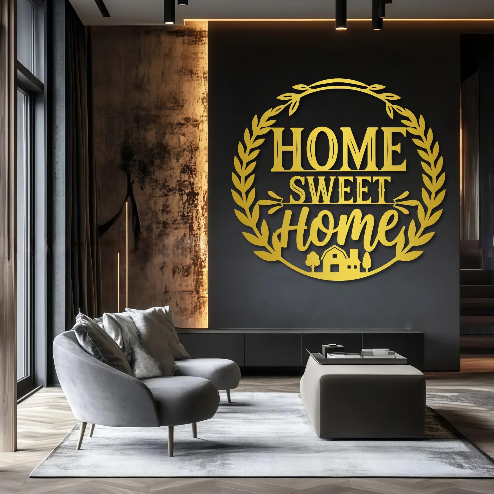 Schwarzes Metall-Wandbild „Sweet Home“ im Landhausstil, Wanddekoration für Eingangsbereich, Wohnzimmer, Schlafzimmer, Flur und Treppenhaus, Natur-Wohndeko (Schwarz, 48 cm breit)