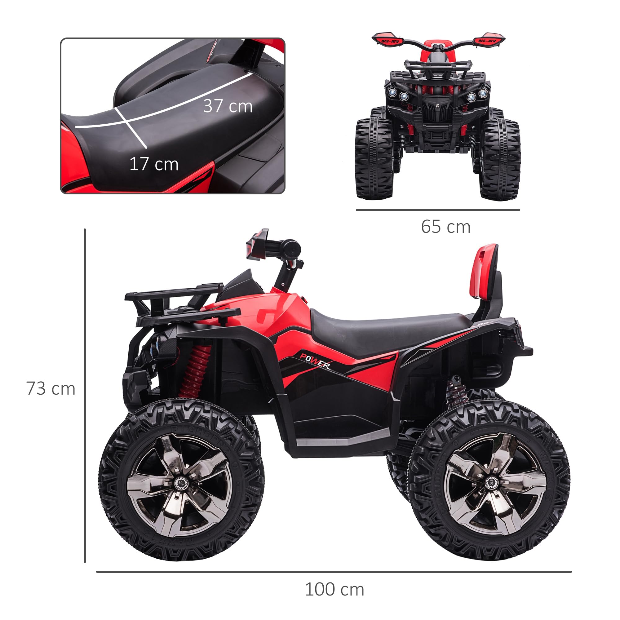 HOMCOM Quad Buggy électrique Enfant 12 V 8 Km/h Max. Voiture électrique Enfant avec Effets Lumineux sonores Selle avec Dossier Porte-Bagage Avant métal PP Rouge Noir