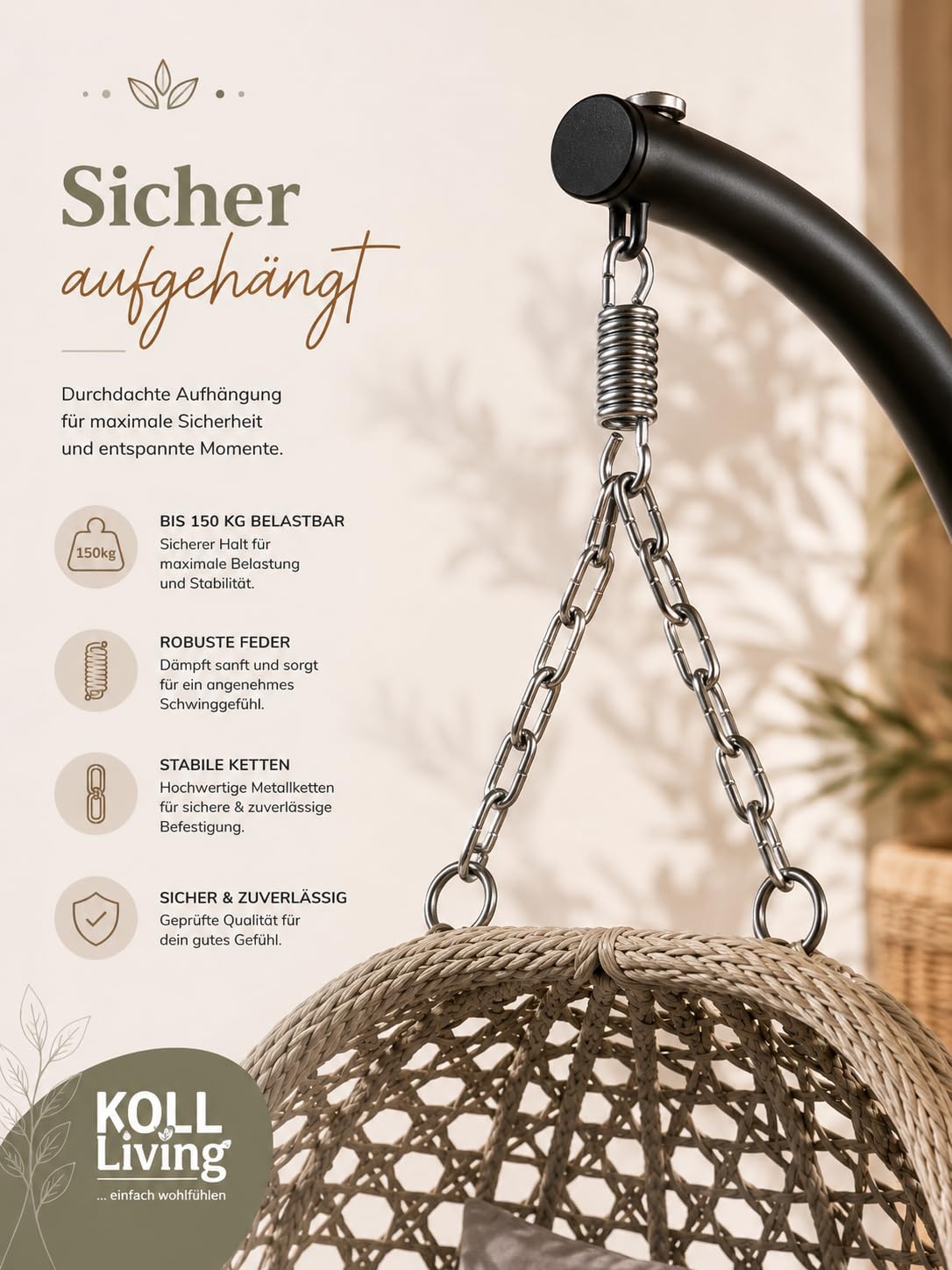 Koll Living Outdoor Hängesessel Luna | Rattanoptik Beige/Grau | Wetterfester Gartensessel mit Stahlgestell & Komfortkissen | UV-beständig & wasserabweisend | 95 x 103 x 197 cm