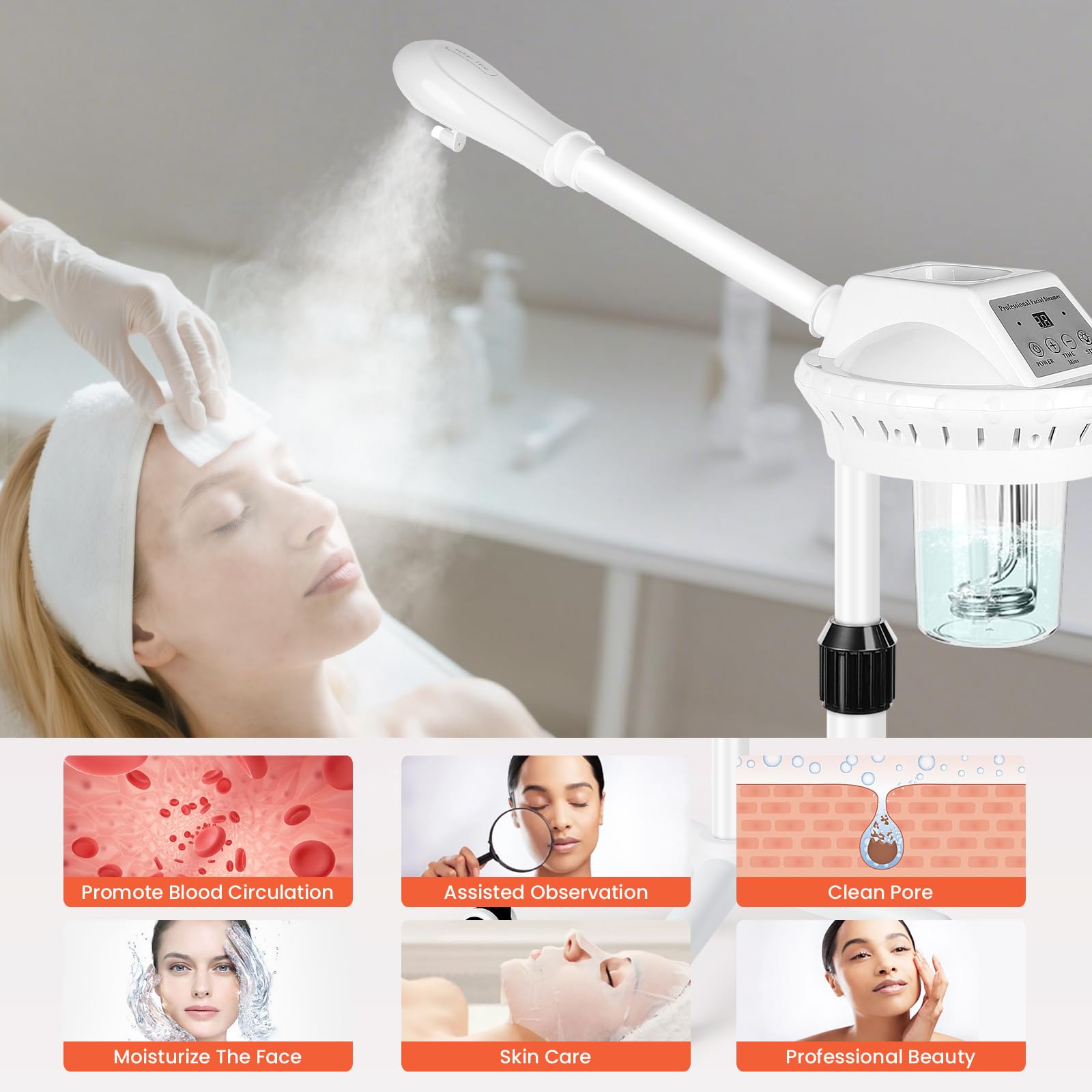 Vaporizador facial profesional, vaporizadores esteticistas sobre ruedas, vaporizadores faciales de pie para limpieza profunda facial, vaporizador para cuidado personal o spa, hidratante e hidratante