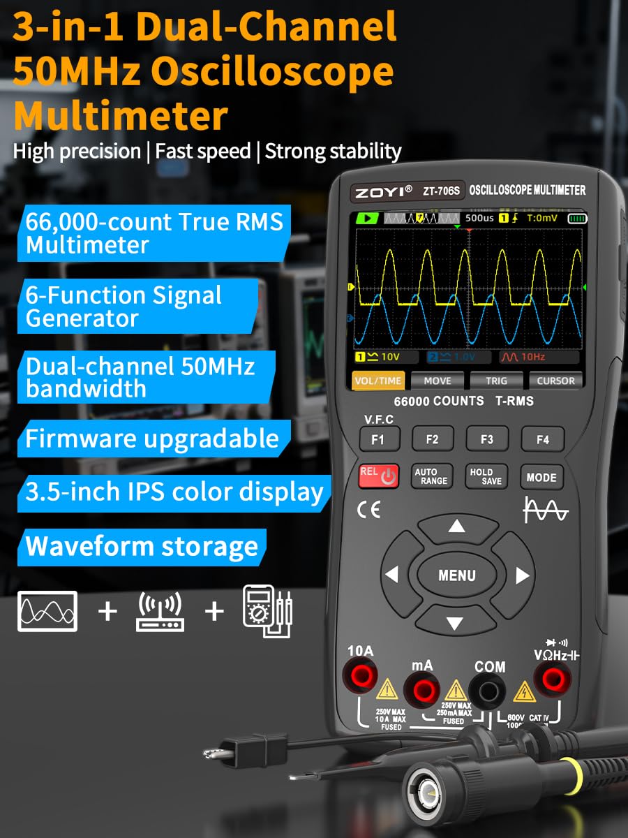 3-in-1 Hochpräzise Multimeter Oszilloskop, 50MHz Bandbreite Zweikanal-Oszilloskop 66000 Counts Multimeter 10MHz DDS Generator für Kfz-Elektriker Reparatur (ZT-706S)