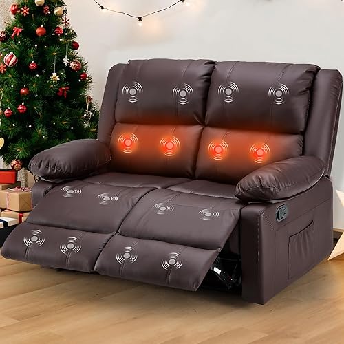YODOLLA Loveseat Recliner with Heat&Massage Function, RV Couch Wall-Hugger Reclining Sofa Modern Manual Faux Leather Control, Home Theater Seating, Brown