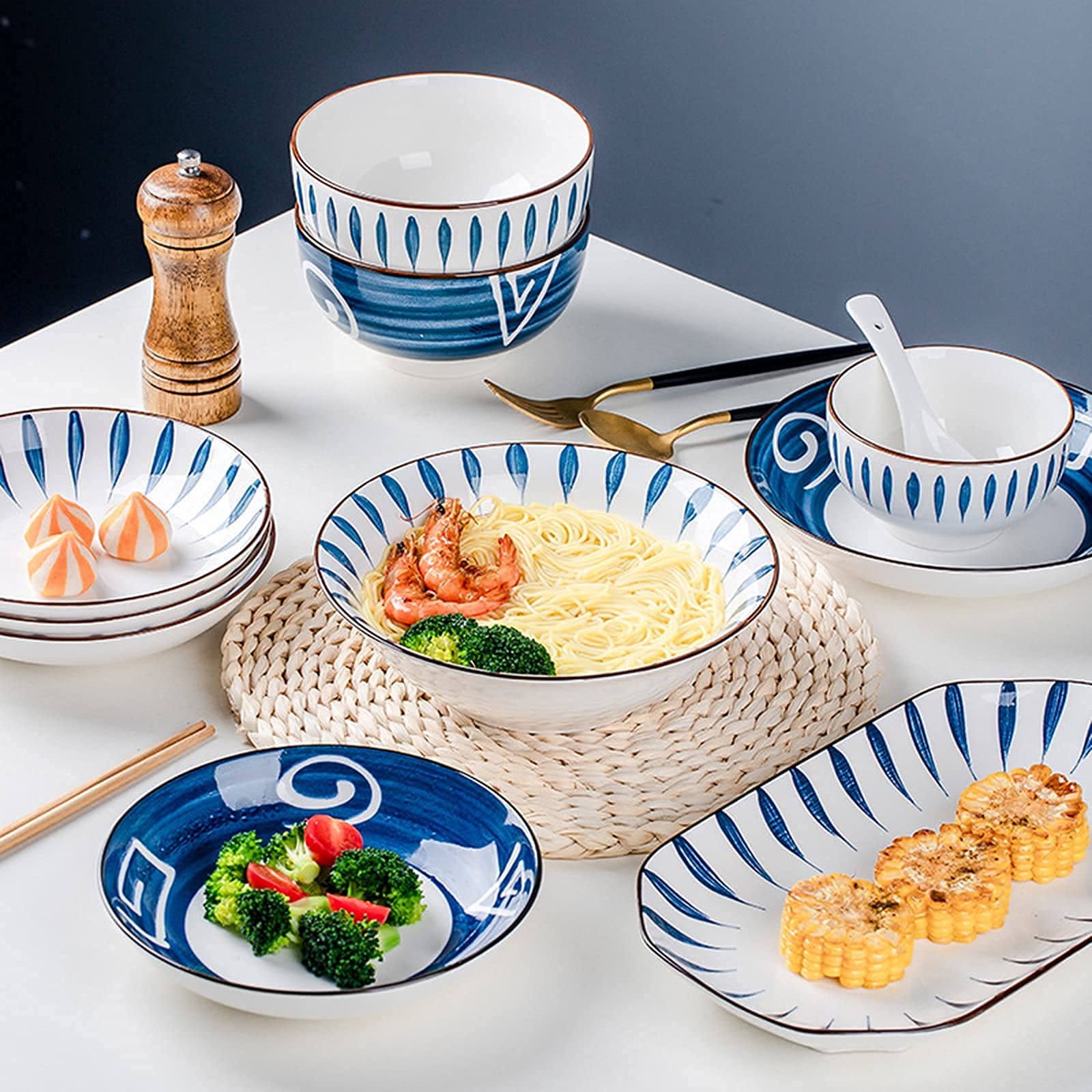 Klasyczny nowoczesny ceramiczny zestaw obiadowy dla 8-12 osób, klasyczny japoński styl, talerze i miski, kompletna porcelanowa zastawa stołowa, idealna do domu i kuchni (Oracle, 35 sztuk)