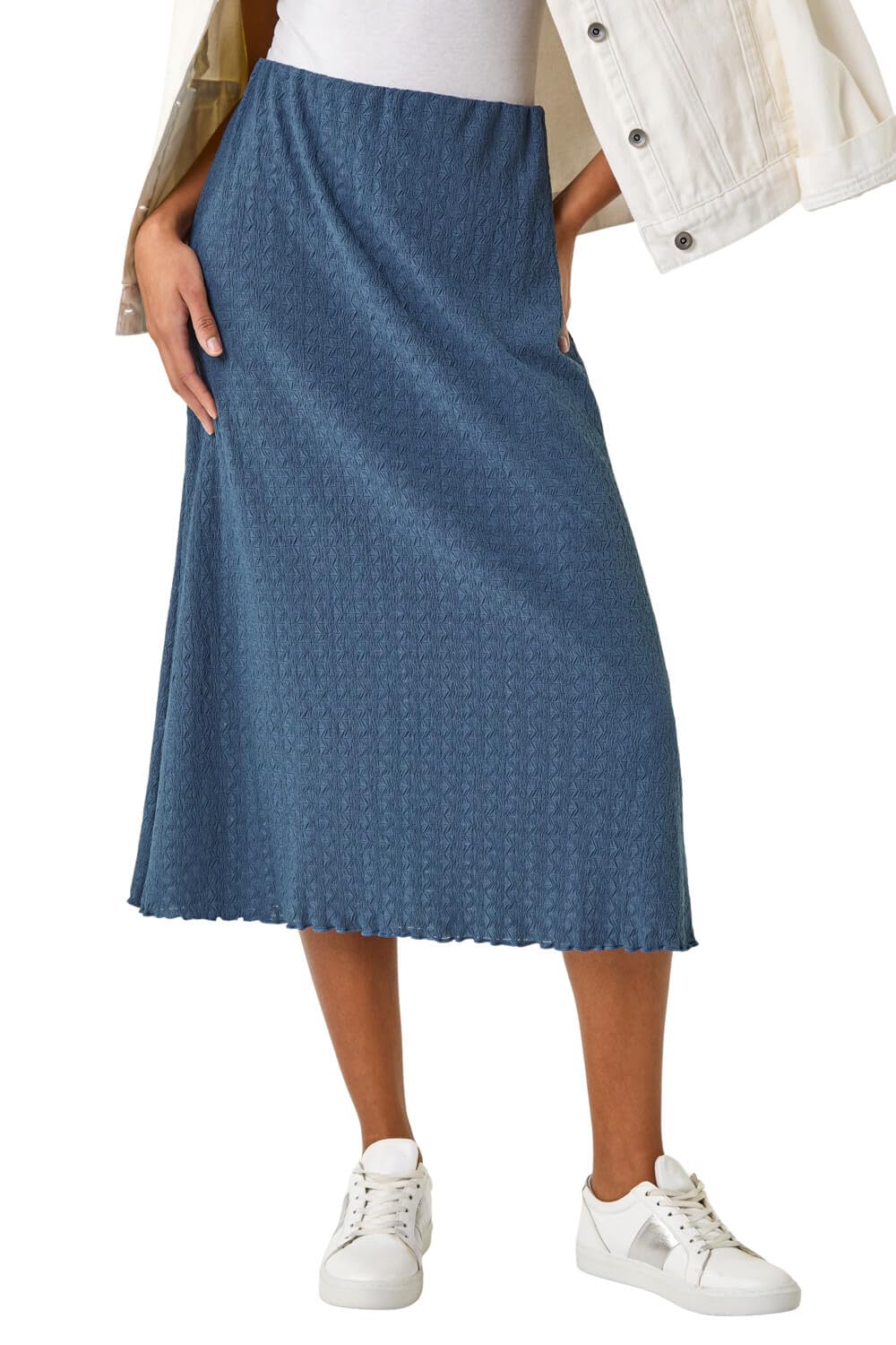 Roman Women's Blue Textured Fluted Hem Midi Skirt In | : Size 14