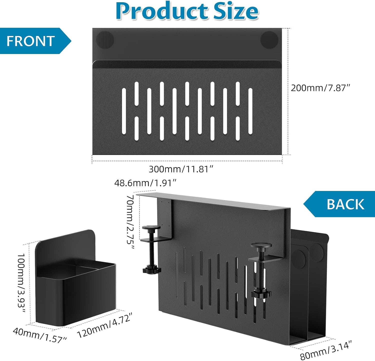 Onemake Desk Side Storage, 2-Tier No Drill Laptop Holder, Clamp on Desks Shelf with Magnetic Pen Holder, Hanging Desk Organizer for Home Office, Fits Flat Edge Tables 0.4" to 2.3"