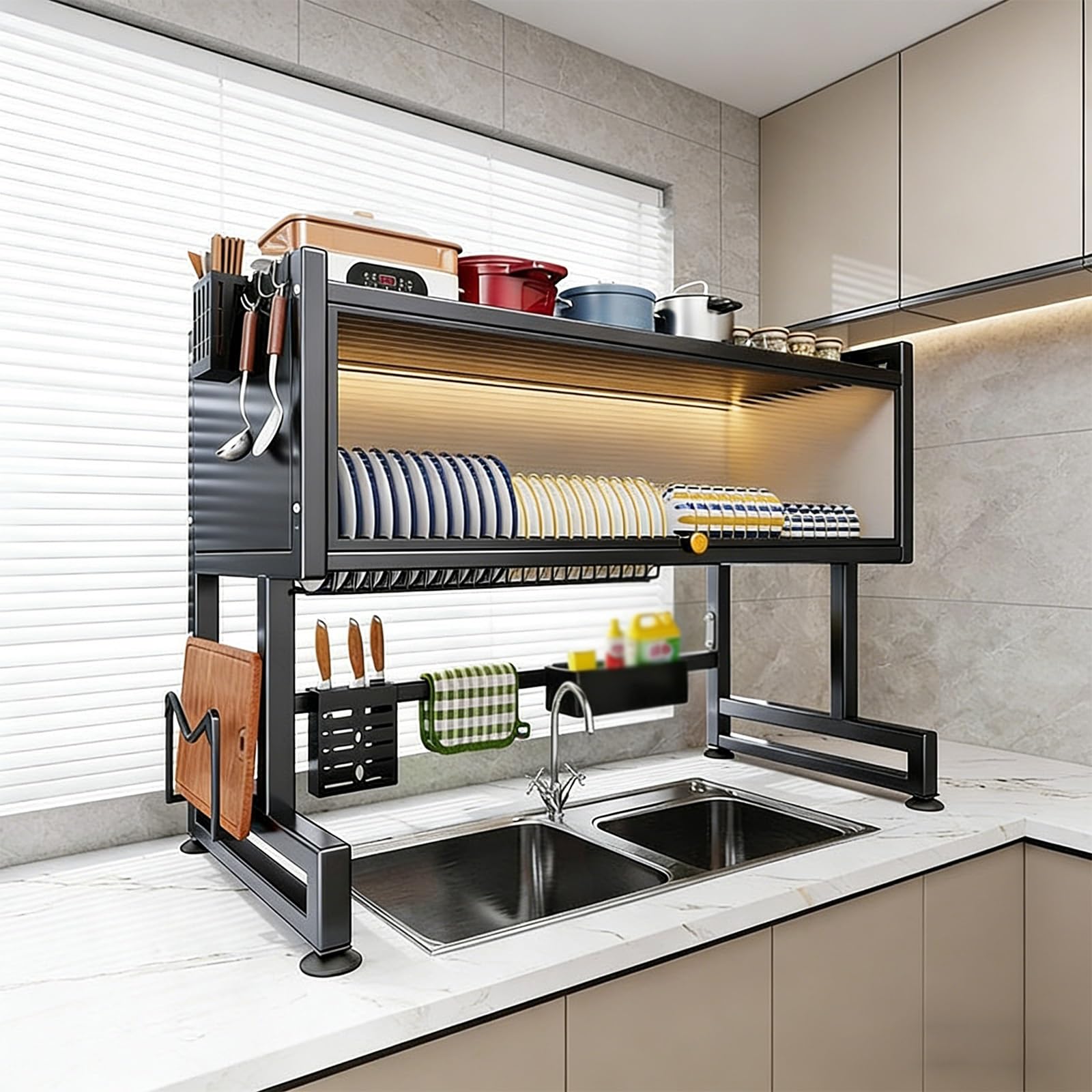 Escurridor de platos para colocar sobre el fregadero, organizador de cocina grande, escurreplatos multifuncional para un fácil almacenamiento en la encimera de la cocina, se adapta a platos, vasos