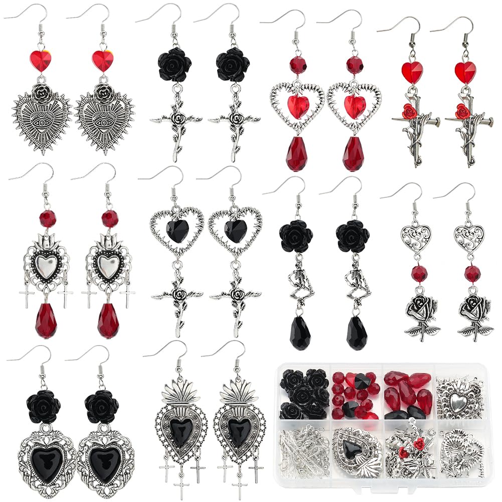 SUNNYCLUE 1 Box 10 works Halloween Earring Making Kits Gothic Heart Charms Cross Skeleton Skull Charm Rose Flower Red Black Glass Beads for jewellery Making Kits DIY Dangle Earrings Gift Supplies