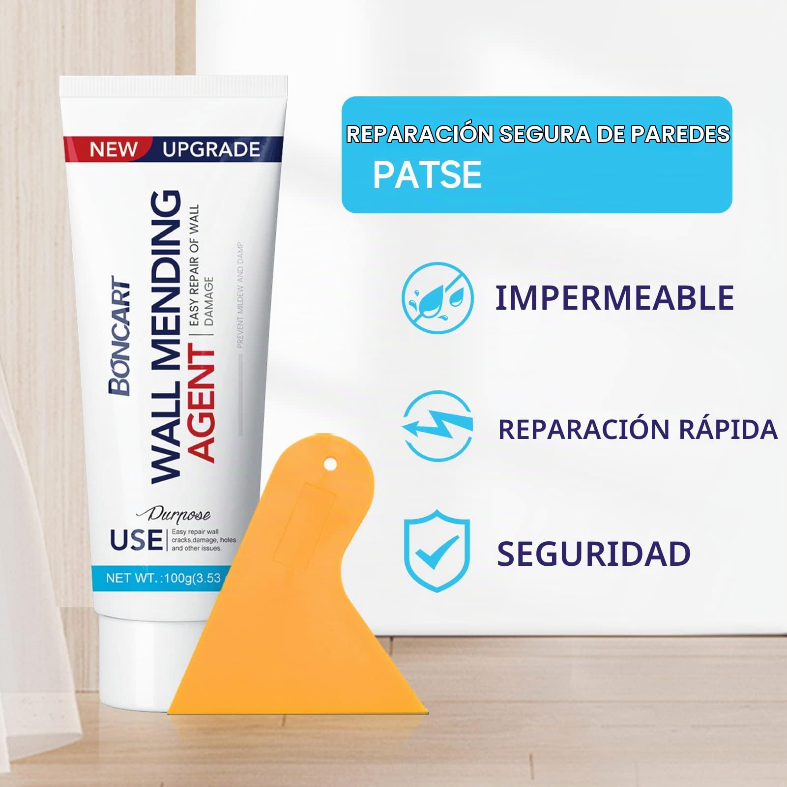 BONCART Spackle - Kit de reparación de pared, paquete de 3 agentes de reparación de pared con herramientas | Incluye raspador, papel de lija y parches de aluminio. Para grietas y agujeros de uñas.