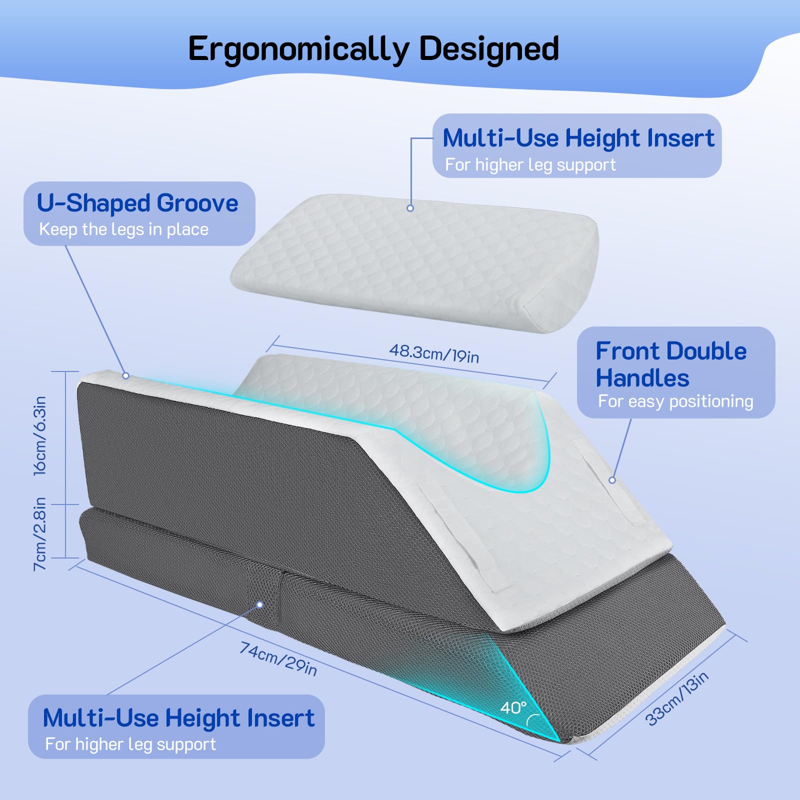 Almohada para piernas de espuma viscoelástica con forma de U ergonómica para hinchazón, dolor de rodilla y recuperación postoperatoria, diseño de 45°, base antideslizante